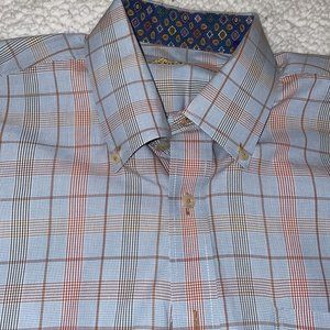 Alan Flusser Button Down Shirt Mens Large Long Sleeve Cotton Lt. Blue/Red Plaid